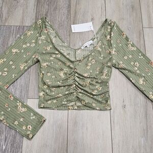 Antistar Ruched V Neck Cropped Long Sleeve Top Green Floral Women's Small